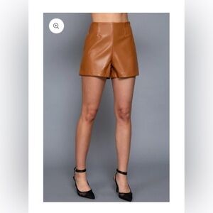 Pintuck Camel Faux Leather Shorts